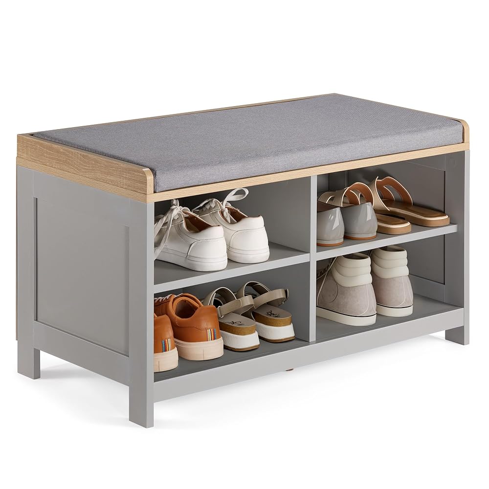 VonHaus Shoe Storage Bench with Padded Seat, 4 Open Shelves, Grey