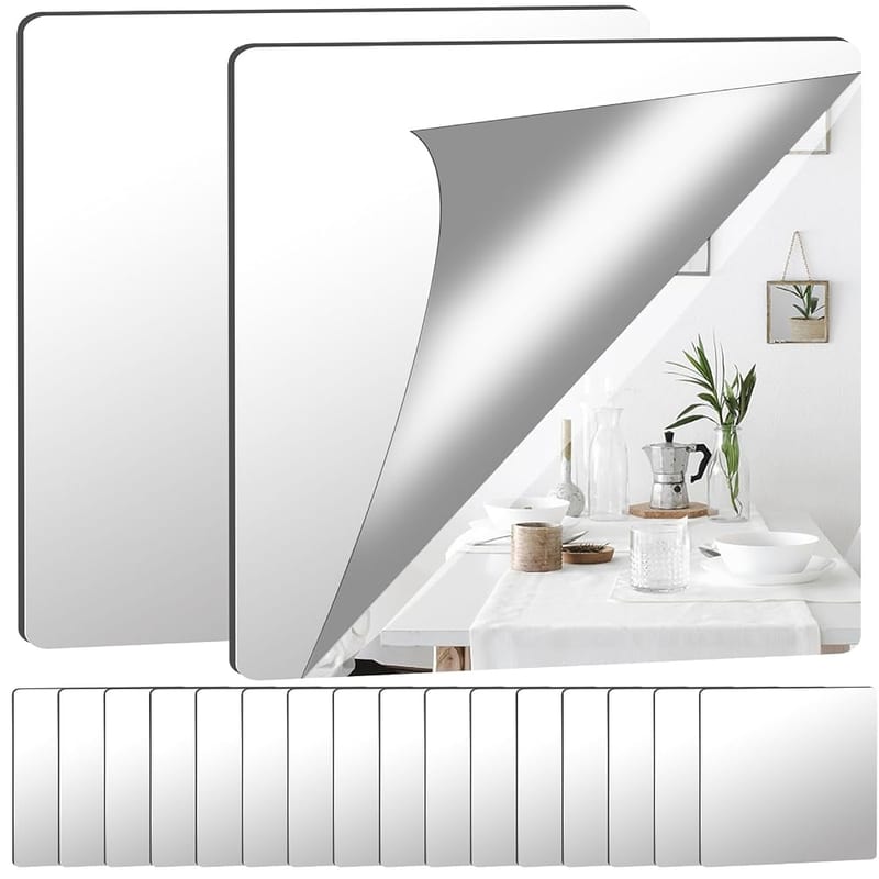 Augshy 8 Pack Self Adhesive Mirror 20x20cm Adhesive Mirror Tiles 2MM Thick Acrylic Stick On Wall Mirrors Sheets Removable Mirror Stickers for Home Decoration