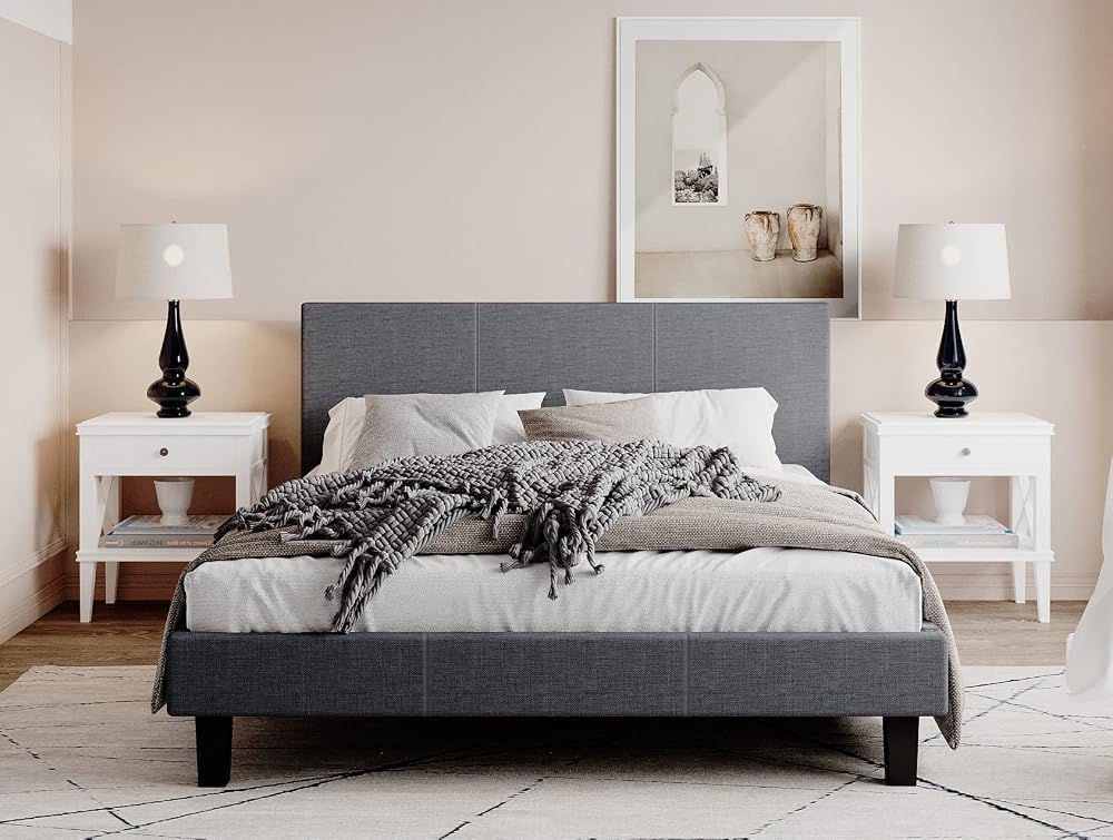 Panana 4FT6 Double Bed Frame, Upholstered Grey Fabric with Headboard