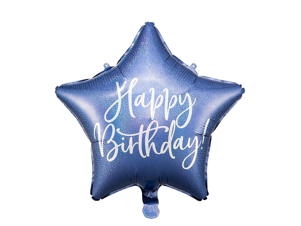 Happy Birthday Foil Balloon 40cm Navy Blue Star Shape with Silver Holographic Lettering for Classroom Parties, Inflatable Air and Helium