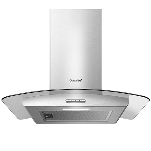 COMFEE' 60cm Cooker Hood, Glass Extractor Hood, Stainless Steel | Wall Mounted, Dual Ducted & Recirculating System, LED Lighting, 3 Speeds Chimney Hood