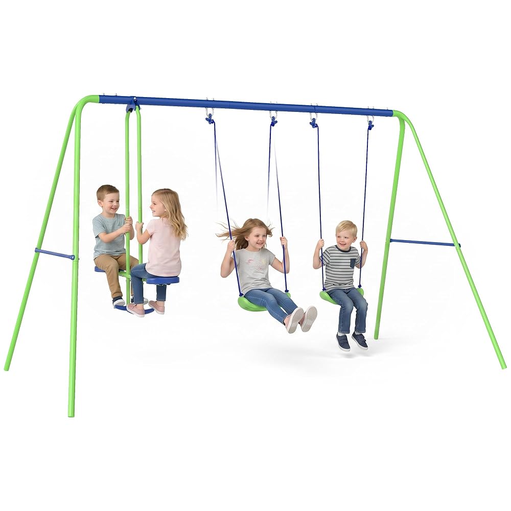 Outsunny Kids Swing Set, Metal Garden Swing Set with 2 Seats, Glider, Heavy Duty A-Frame, Outdoor Children Playground for 3+ Years Old, Green