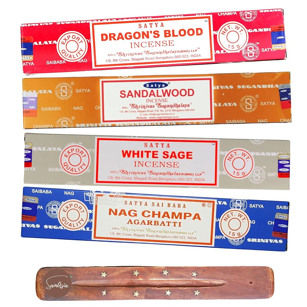 Satya Nag Champa Incense Sticks | 4 Unique and Premium Flavours - Dragons Blood, Sandalwood, White Sage and Agarbatti | with SAMASIA Incense Holder