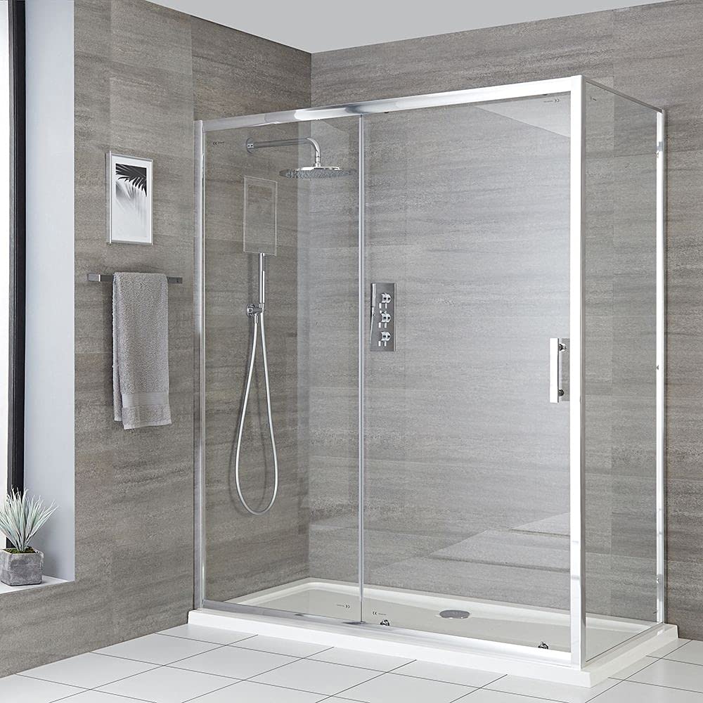 Milano Portland Chrome Corner Walk In Sliding Door Shower Enclosure and White Tray - 1000mm x 800mm