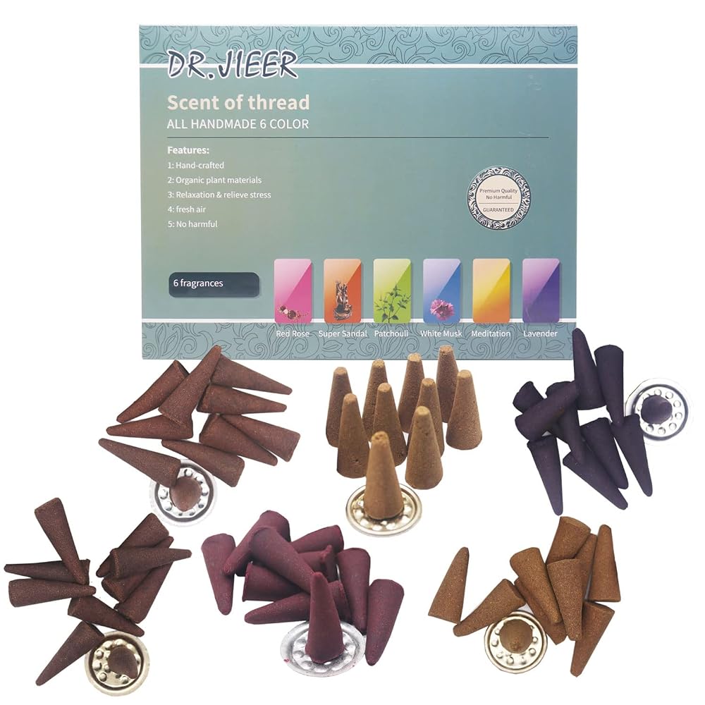 Incense Cones Gift Pack Set, Red Rose, Super Sandal, Patchouli, White Musk, Meditation, Lavender (6 Scents)