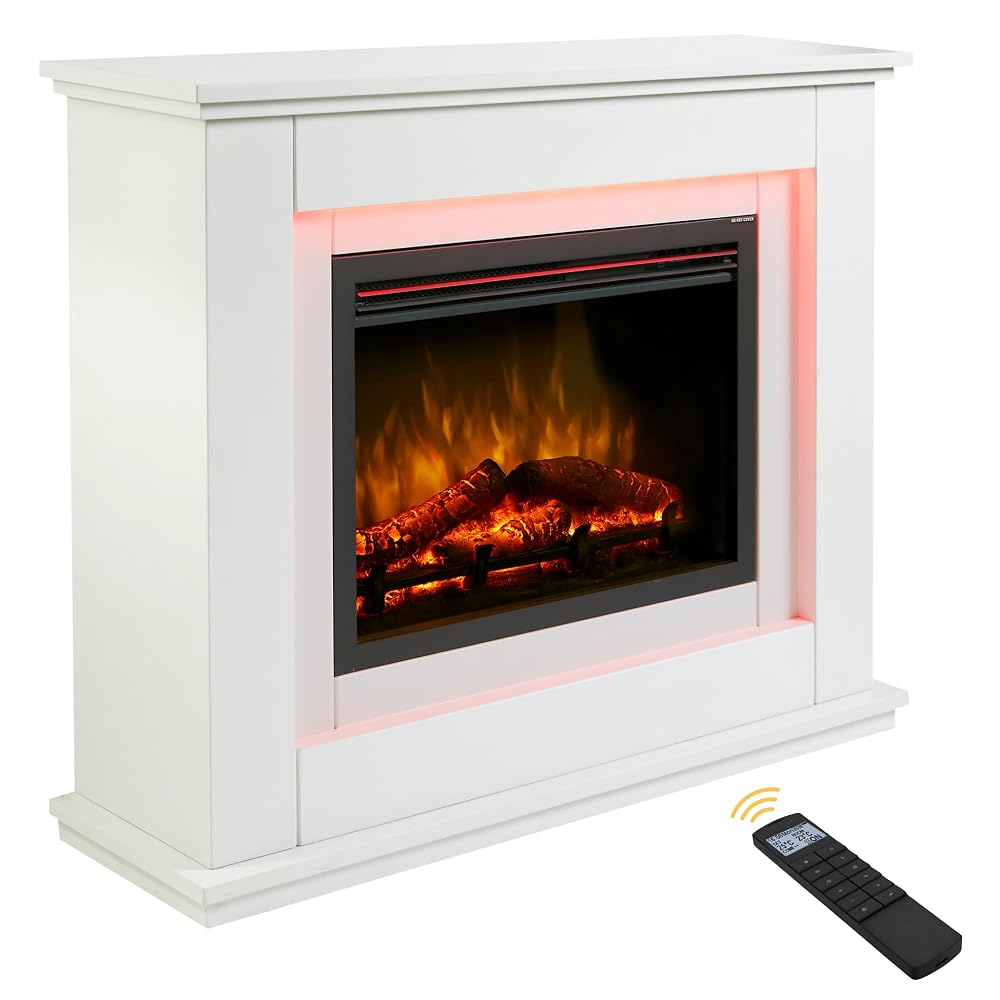 Endeavour Fires Castleton 39'' Electric Fireplace Suite with Realistic Flame & Log Effect Fire, 13 Colour LED Lighting, Off White Surround