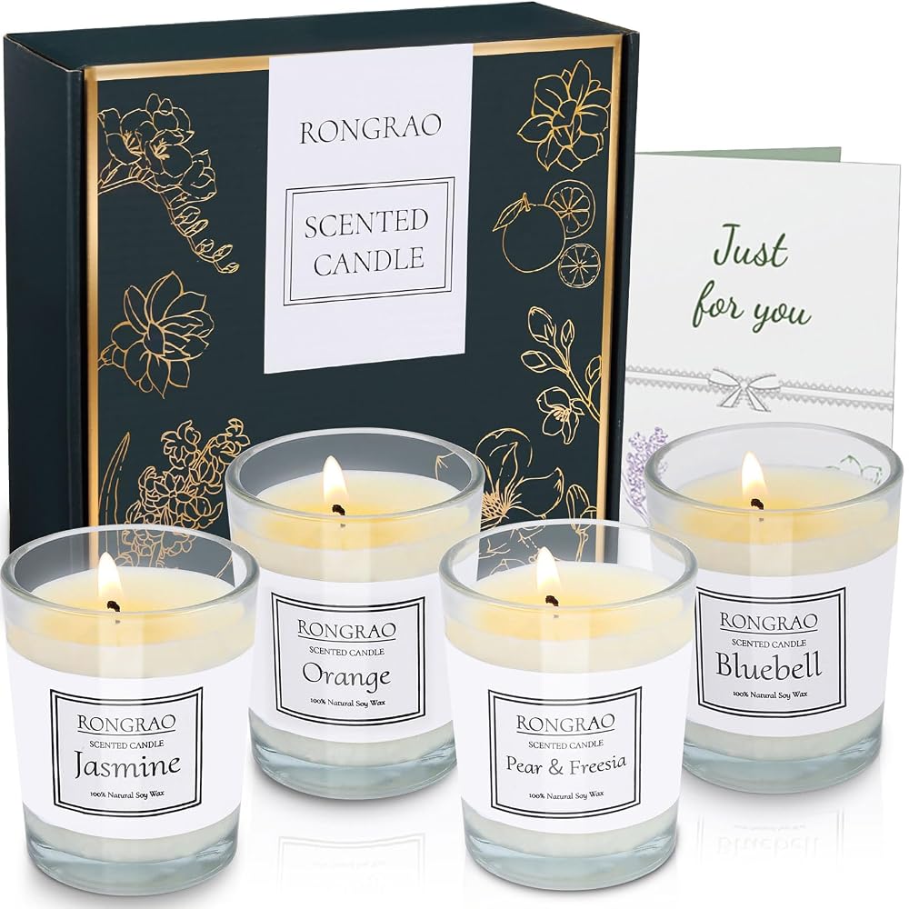 Scented Candles Gift Set, Soy Wax Candles of Jasmine, Pear & Freesia, Orange, Bluebell