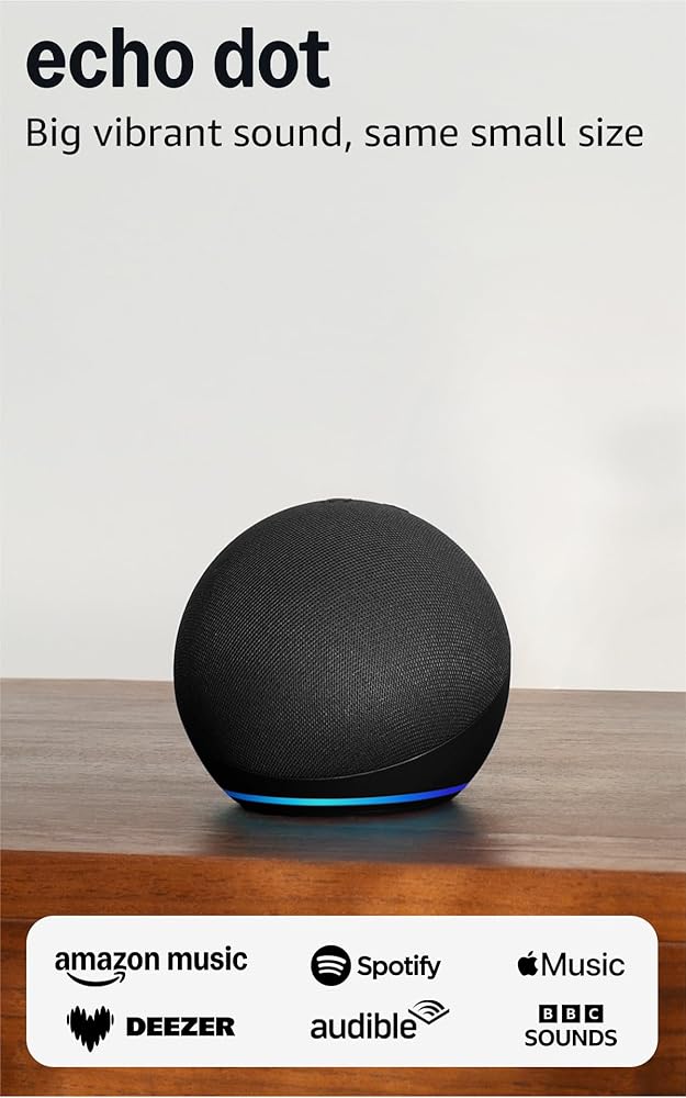 Echo Dot (Newest Gen), Bluetooth Smart Speaker with Big Vibrant Sound and Wi-Fi, Charcoal