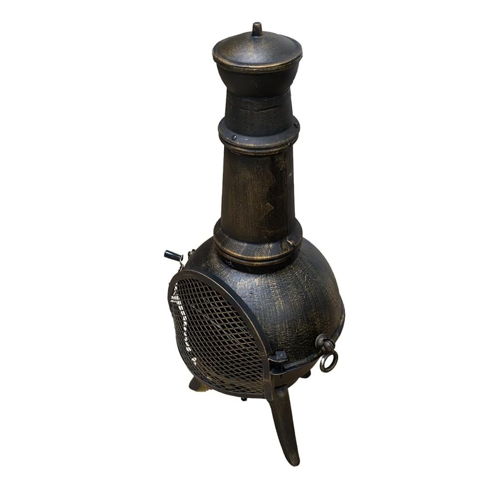 Monster Shop Cast Iron Chiminea Premium Bronze Effect Large Capacity Outdoor Patio Heater Log Fire Pit Burner with Free Frost Proof Rain Cover, Poker and BBQ Toasting Rack