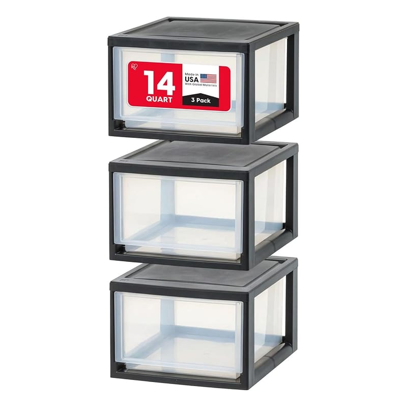 IRIS USA Stackable Storage Drawer, Plastic Drawer Organizer with Clear Doors for Pantry, Bedroom, Closet, Desk, Kitchen, Home and Office De-Clutter, Store Under-Sink, Shoes and Crafts - Black, 3 Pack