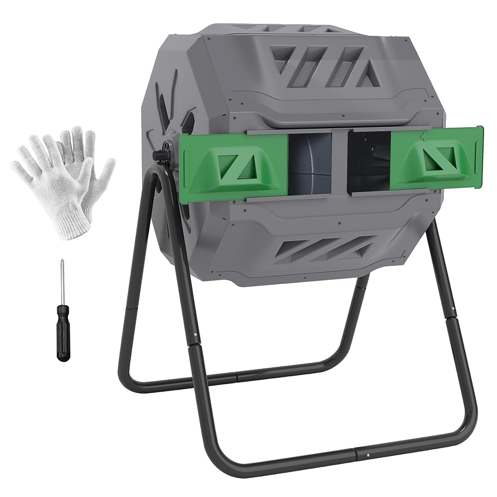 Outsunny 160L Tumbling Compost Bin Outdoor Dual Chamber Composter, Grey | 360° Rotating, Garden Compost Bin, Sliding Doors, Solid Steel Frame