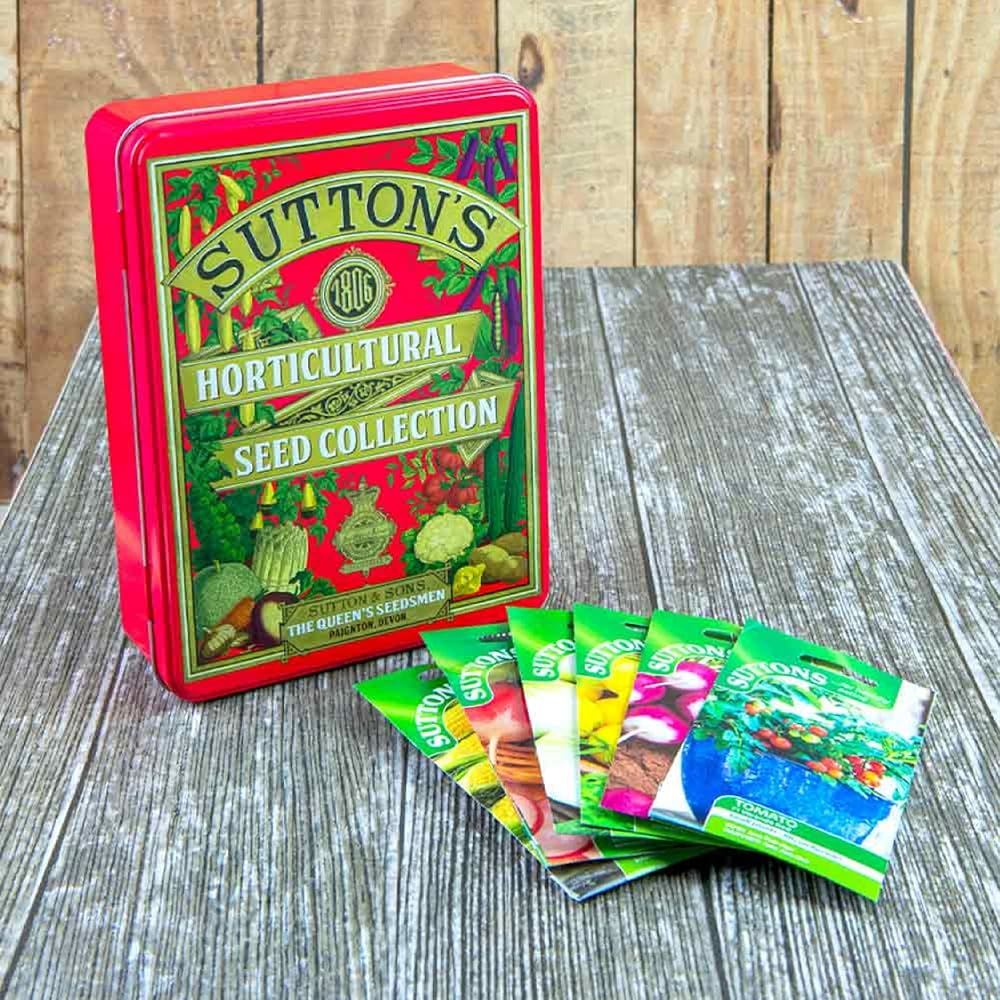 Suttons 1806 Heritage Red Seed Storage Tin Plus Vegetable Lovers' Seed Collection x 8 Packets