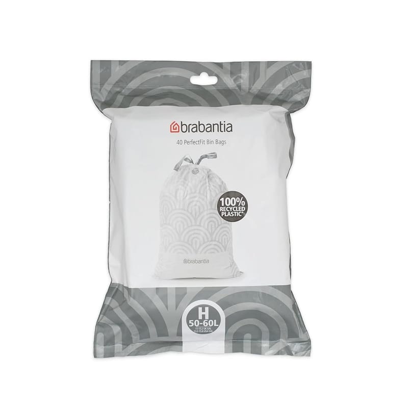 Brabantia PerfectFit Bin Liners (Size H/50-60 Litre) Thick Plastic Trash Bags with Tie Tape Drawstring Handles, 40 Bags