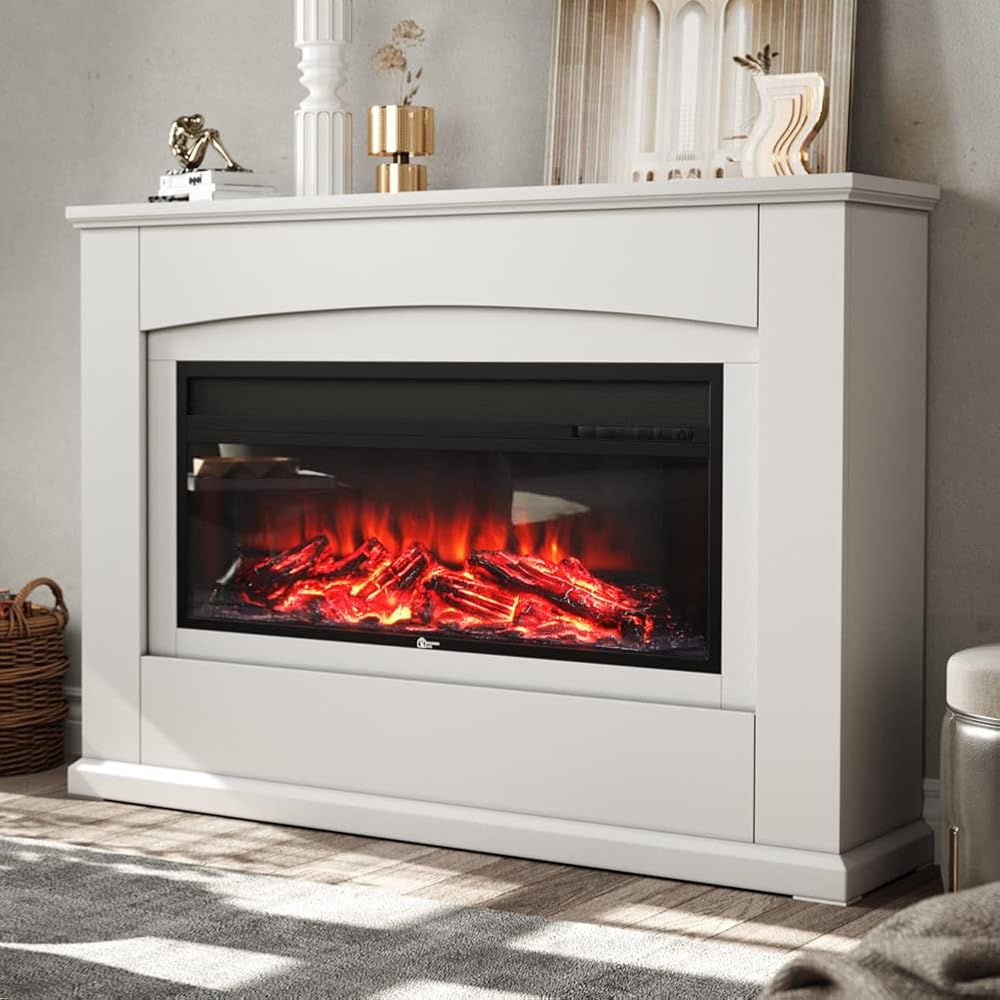 INMOZATA Electric Fire and Surround 40 Inch White Electric Fireplace, Realistic LED Flame, Remote Control