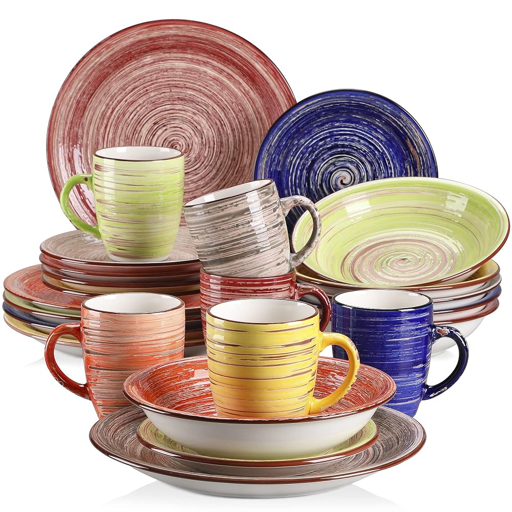 vancasso Albero Dinner Set for 6, Stoneware Dinnerware Set Handpainted Tableware, 24-Piece Multicolour Ceramic Combination Set with Dinner Plate, Dessert Plate, Soup Bowl and Mug