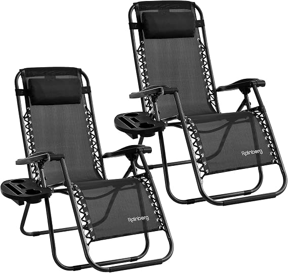 Rainberg Zero Gravity Chair, Heavy Duty Textoline, Outdoor & Garden Sunloungers, Reclining & Folding Chair with Cup Cup And Phone Holder Plus Headrest Pillow