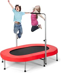 COSTWAY Kids Trampoline, 2 Persons Foldable Fitness Trampolines with 5 Levels Height Adjustable Handle, Indoor Double Oval Rebounder Exercise Jumper for Children, Teens and Adults
