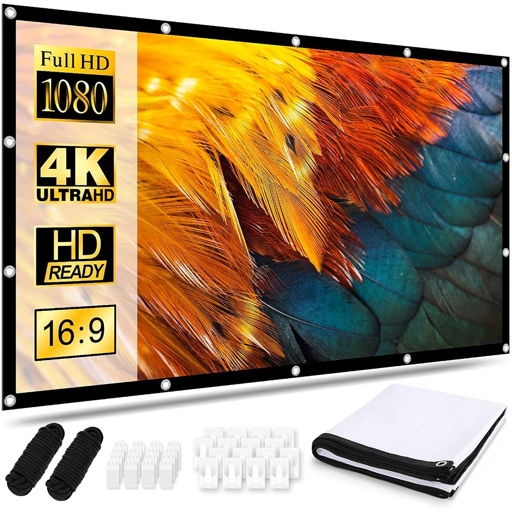 Projector Screen 120 Inch, Portable Movie Screen 16:9 HD 4K Foldable Anti-Crease, Double-Sided Projection for Home Theater