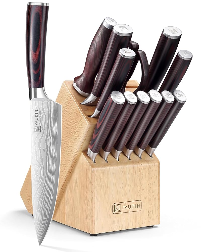 PAUDIN Kitchen Knife Set with Block, 14-Piece Knife Block Set & Sharpener, German Stainless Steel, Pakkawood Handle