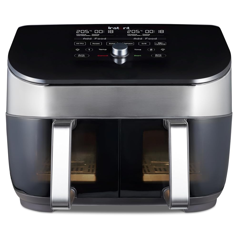 Instant Vortex Plus Dual Air Fryer with Large Double Air Frying Drawers, 9.5L, 8 Smart Programmes, SyncCook & SyncFinish, Stainless Steel, 1700W