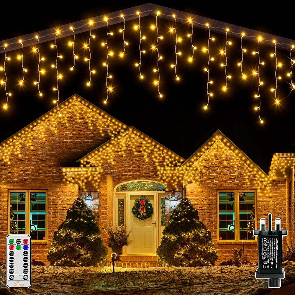Ollny Icicle Outdoor Christmas Lights, 10M 400 LED Waterproof Hanging Fairy Light, Mains Powered with Remote