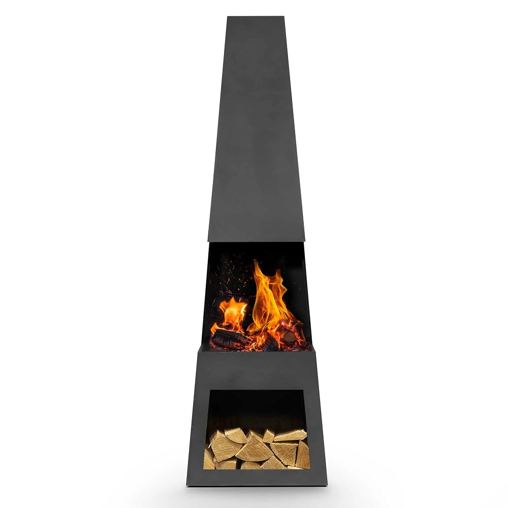 Dellonda Outdoor/Garden/Patio Pyramid Chiminea, Fireplace, Fire Pit, Heater with Firewood Storage, Black Steel