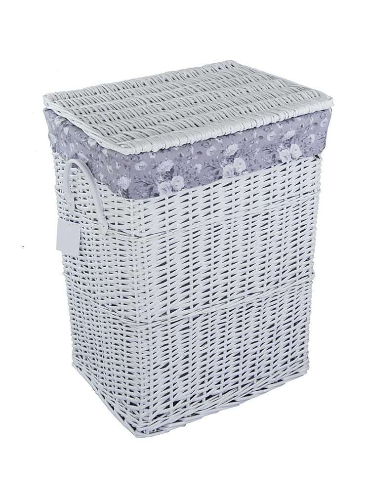 Laundry Basket Wicker, White Floral Grey, 32 x 24cm, Height 48cm, Removable Washable Lid with Handle