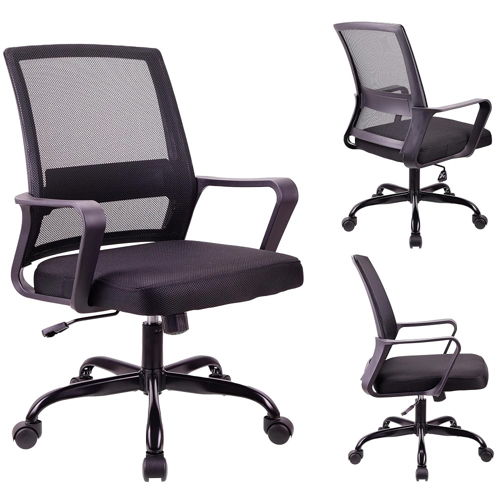 T-THREE Adjustable Office Chair, Ergonomic Mesh Swivel Seat, with Lumbar Support, Height Adjustment, 360° Rotation and Tilt Function, Mesh Backrest for Home Office, Black