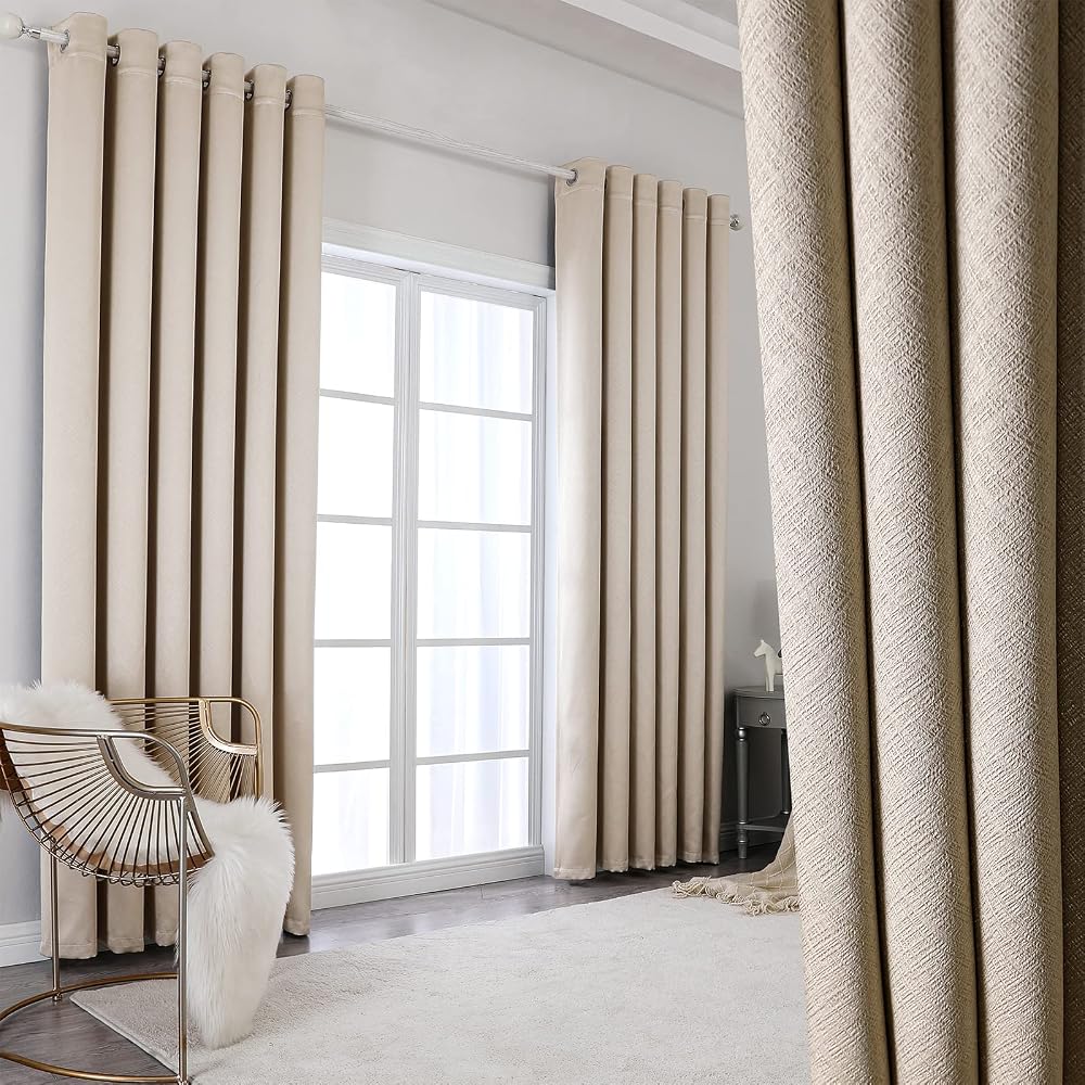 Krismile 100% Blackout Eyelet Curtains Beige - Thermal Insulated & Noise Reducing, Thick Short Curtains for Bedroom, Lined Blackout Curtains, Room Darkening Curtains, 46 x 62inch 2 Panels