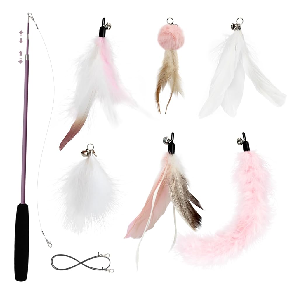 SONGWAY Cat Feather Stick Toy - 7 PCS with Teaser Wand and 6 Feather Refills with Bell