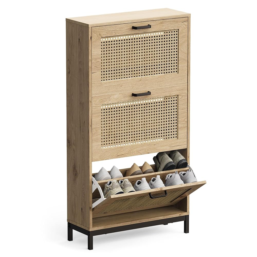 VonHaus Lena Rattan Shoe Storage Cabinet with 3 Tier Drawers