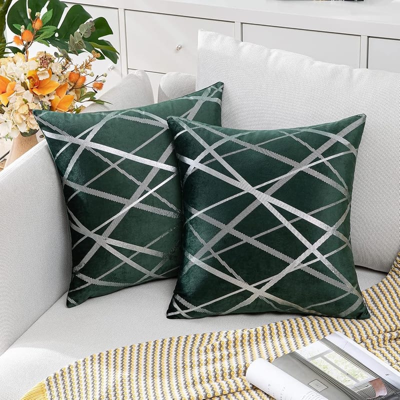 MIULEE Cushion Cover Set of 2, Velvet Square Throw Pillow Case, Decorative Silver Lines Print, Super Soft Modern, 45x45cm, Dark Green