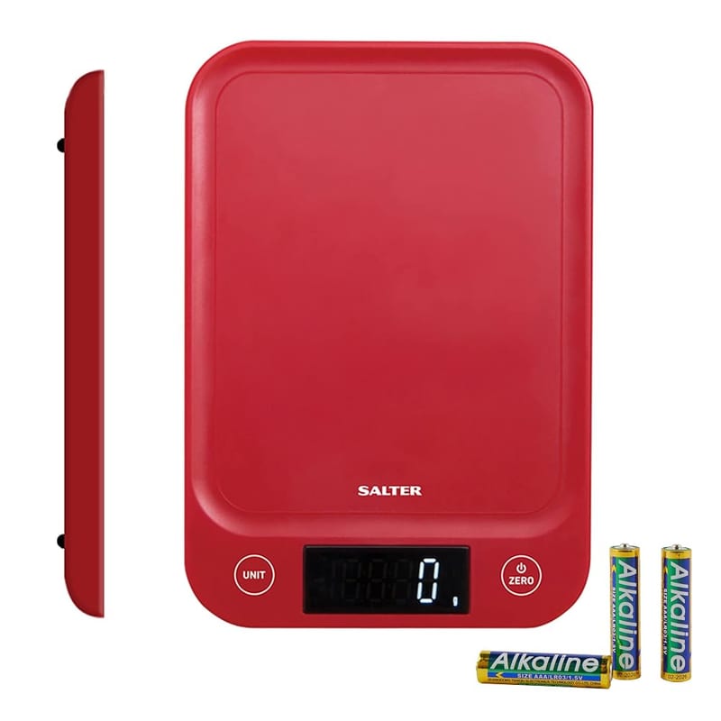 Salter Digital Kitchen Scale, Electronic Food Weighing Up To 5kg, Slim Design, LCD Display, Red (1067 RDDRA)