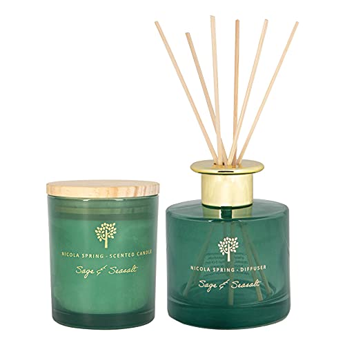 Nicola Spring Sage & Seasalt Scented Candle & Reed Diffuser Set - 130g Soy Wax Candle 21 Hour Burning Time Small Relaxing Fragrance Gift Set Aromatherapy 200ml Fragrant Diffuser