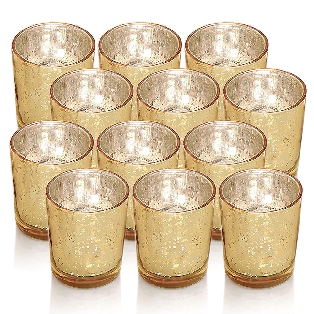 Gold Votive Candle Holders, Glass Tealight Candle Holder Set of 12, Perfect Table Centerpieces for Wedding, Party, Home Decor