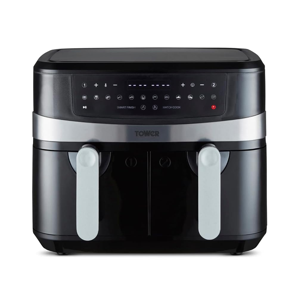 Tower T17088 Vortx 9L Dual Basket Air Fryer with Smart Finish, One-Touch Presets, 2600W, Black