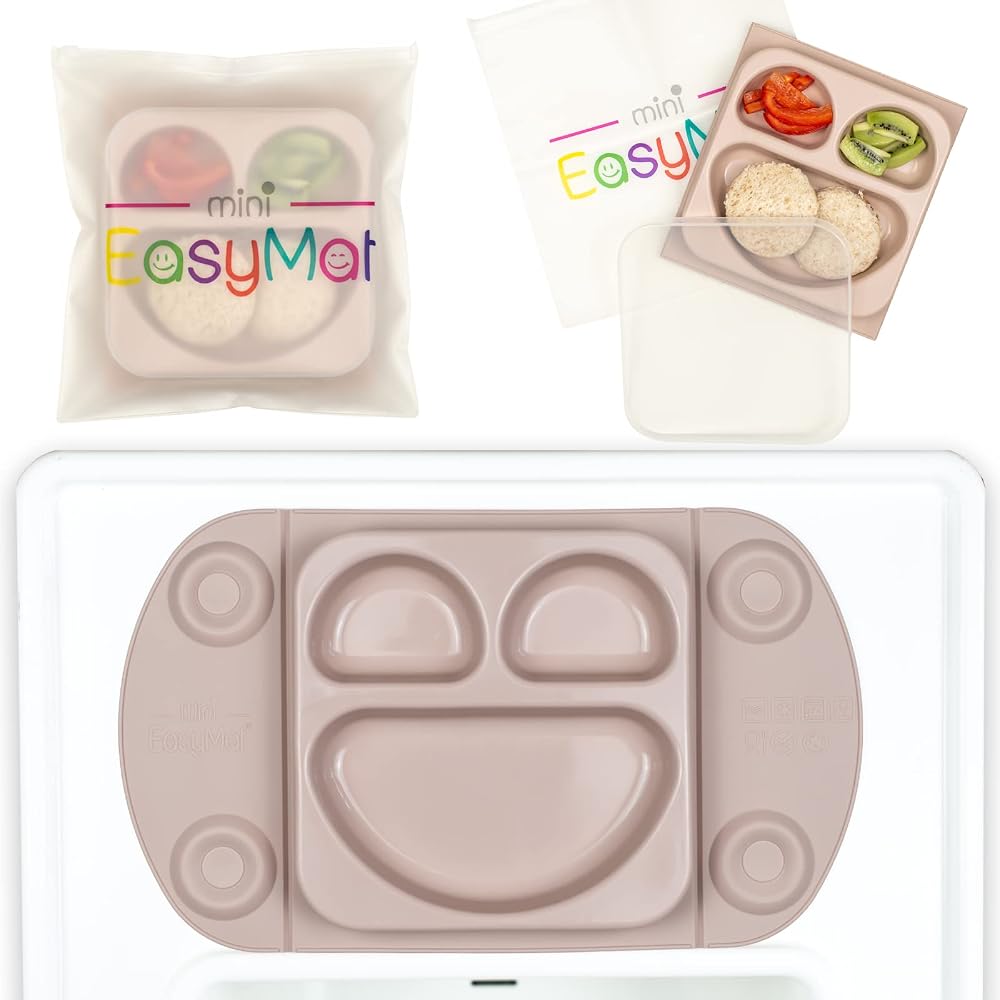 EasyMat Mini Portable Silicone Baby Suction Plate by EasyTots, Lid and Carry Case Included, Placemat for High Chair Feeding and Baby Led Weaning, Mauve