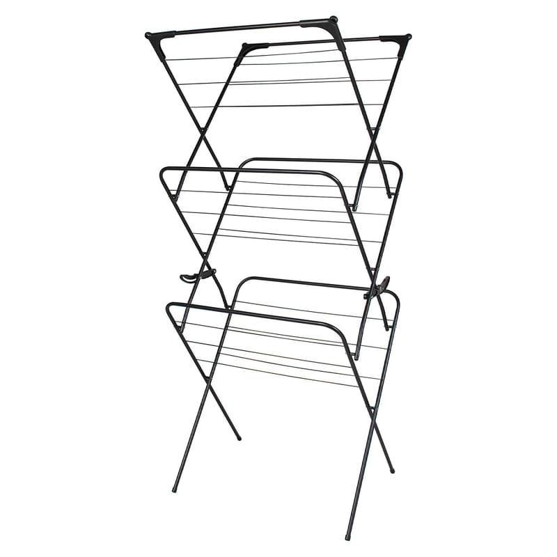 Straame 3 Tier Clothes Airer, Drying Indoor and Outdoor Laundry Rack with Non-Slip Feet and Corner Spaces for Hangers, Flat Foldable Space Saving, Black