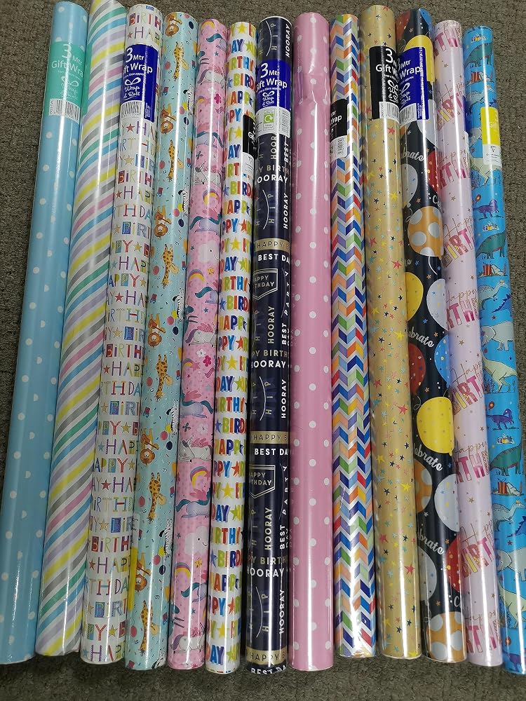 Assorted Wrapping Paper – Happy Birthday or Festive Gifts, Pack of 4 x 3M Rolls