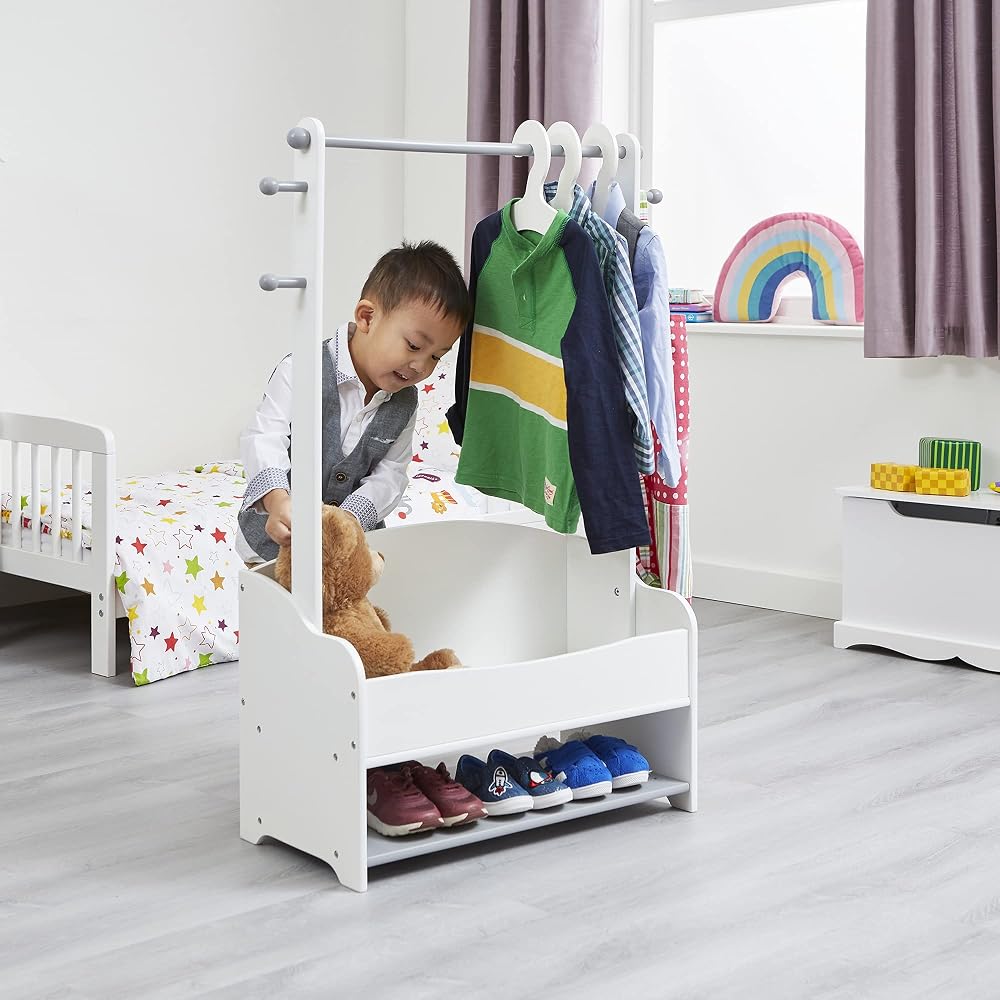 Liberty House Toys Kids Hanging Rail with Extra Storage, Wooden Hanging Rail, Toddler Dress Up Rail, White and Grey