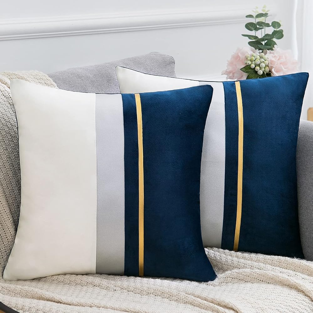 Serento 2 Pack Patchwork Velvet Cushion Covers, Modern Luxury Decorative Cushion Covers with Gold Striped Leather Throw Pillow Cases, Blue, 50x50cm