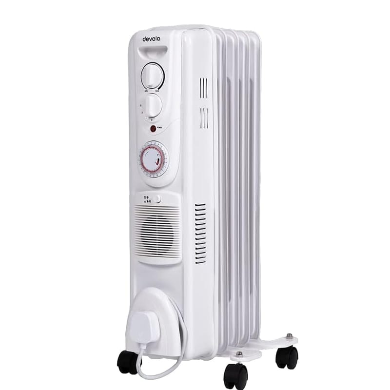 Devola 1500W 5 Fin Oil Filled Radiator, Low Energy Electric Heater with Turbo PTC Fan and 24 Hour Timer