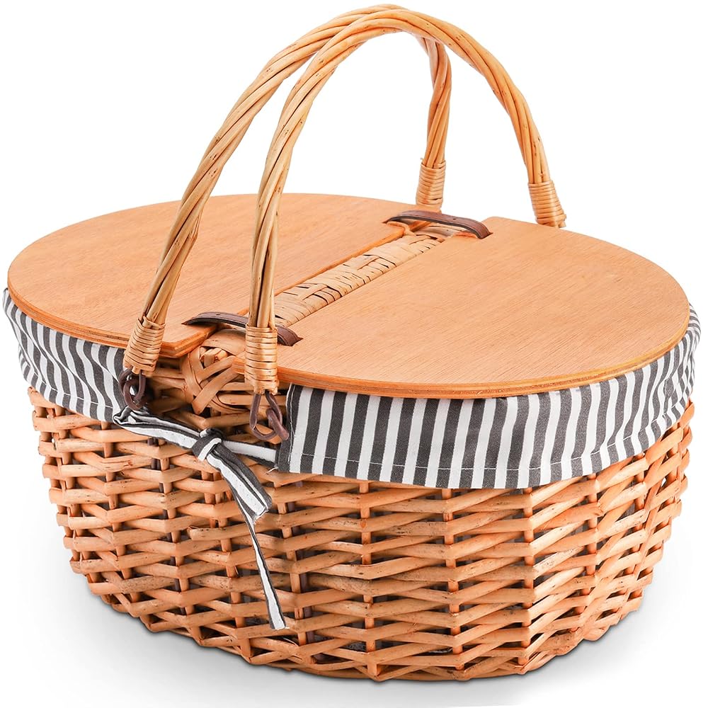 Yesland Picnic Basket with Liner - Wicker Picnic Baskets with Wooden Split Lid