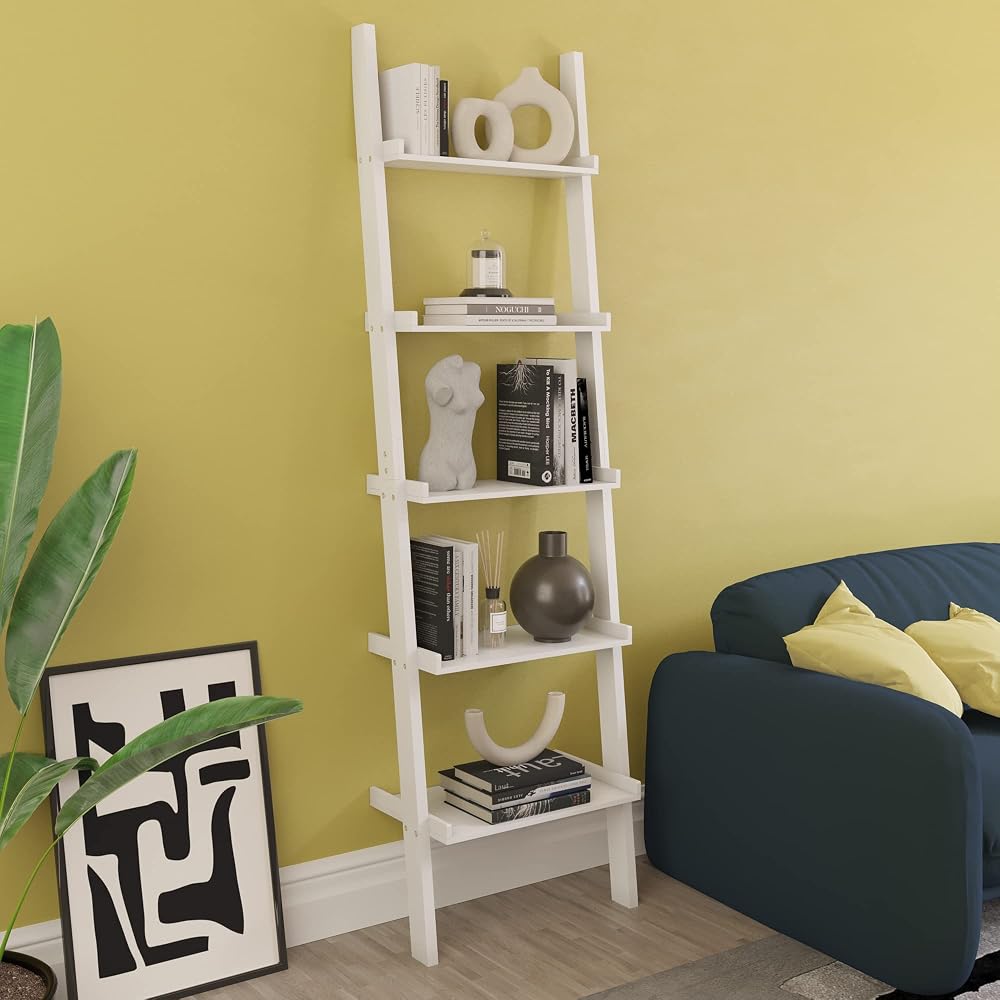 Vida Designs York 5 Tier Ladder Bookcase, Leaning Shelf Unit