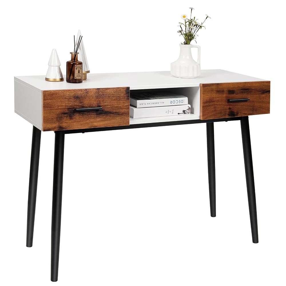 COSTWAY Console Table, Narrow Sofa Side End Table with 2 Drawers and Open Shelf