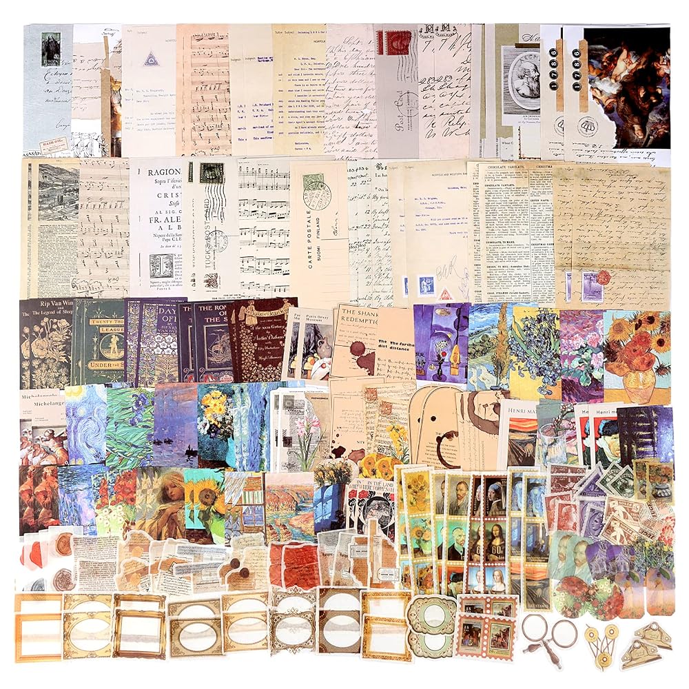 Draupnir 200Pcs Vintage Scrapbooking Stickers Paper Pack, DIY Retro Journaling Scrapbooking Supplies Decorative Stickers Paper Kit