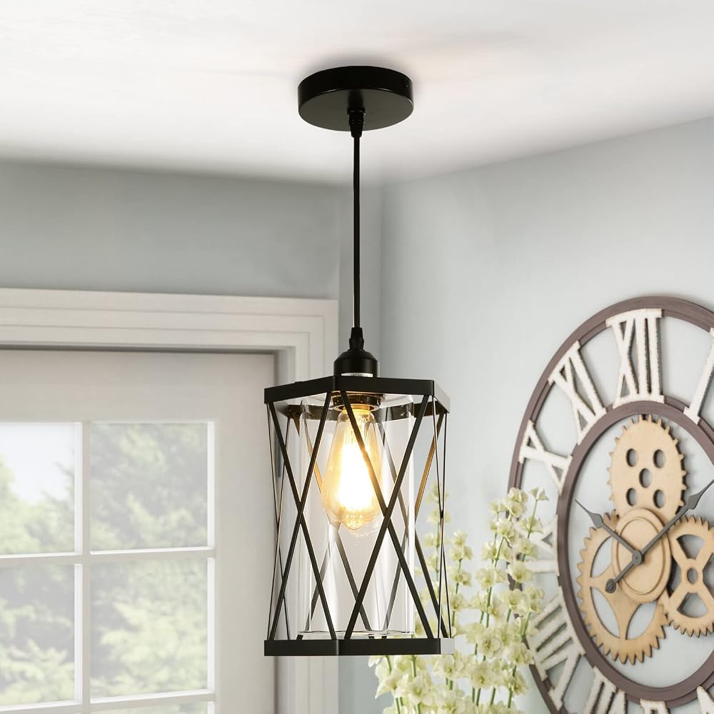 Stepeak Industrial Black Pendant Light, Vintage Ceiling Fixture with Metal Glass Lampshade, E27