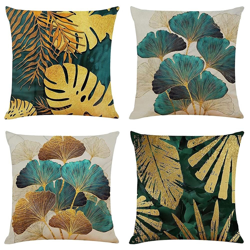 NIULAA Cushion Covers 45x45 Set of 4, Teal and Gold Leaves Linen Sofa Cushions, Luxury Pillow Cases