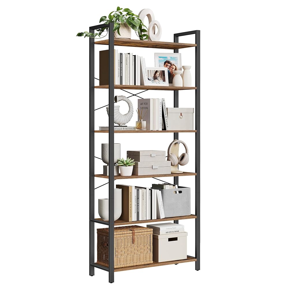 VASAGLE 6-Tier Bookshelf, Bookcase, Shelving Unit, for Office, Study, Living Room, Bedroom, Rustic Brown and Ink Black