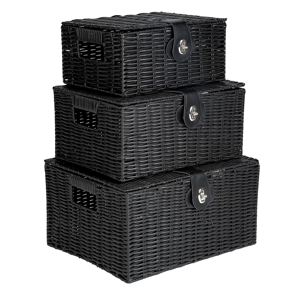 Innoteck Wicker Storage Basket Set with Lids, Handwoven Decorative Storage Boxes with Handles, Large, Medium & Small, White